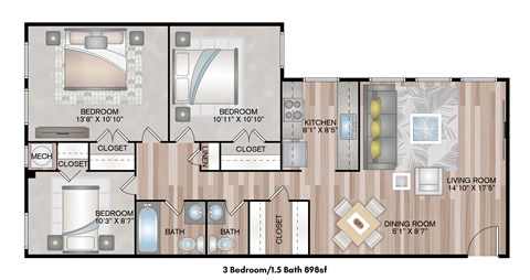Floor plan for 3 beds, 1.5 baths, 961 sqft